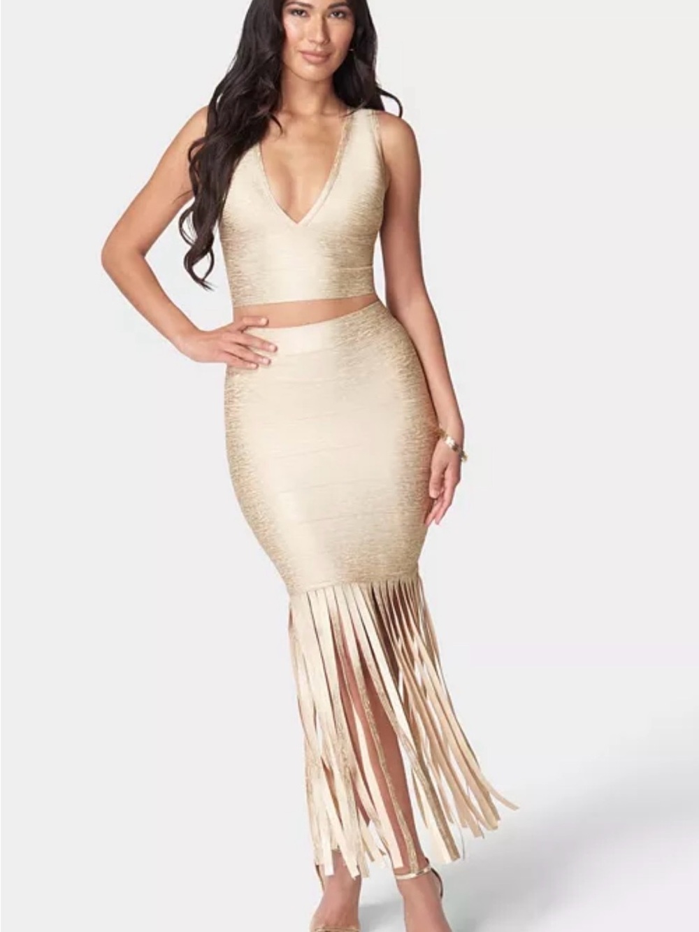 Bebe Metallic Taupe Fringe Pencil Skirt set - Women's
